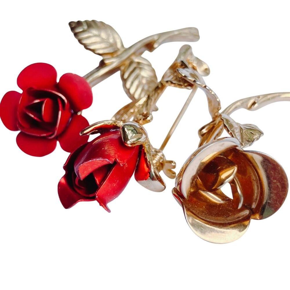 Vintage Lot of 3 Mid Century Red Enamel Rose Brooches Gold Tone Floral Pin Set